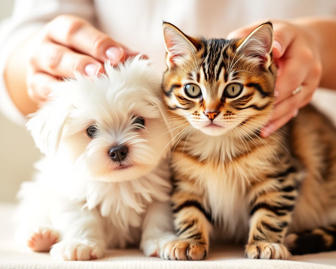 A puppy and kitten being gently groomed at PawSpa